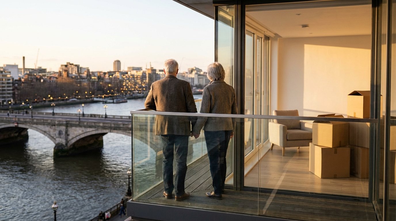 Older couple on the balcony of a new riverside flat after downsizing