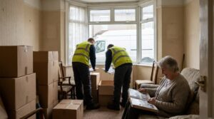 Workers sorting a family home into items to move and items to clear